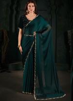 Satin Chiffon Bottle Green Party Wear Zircon Work Saree